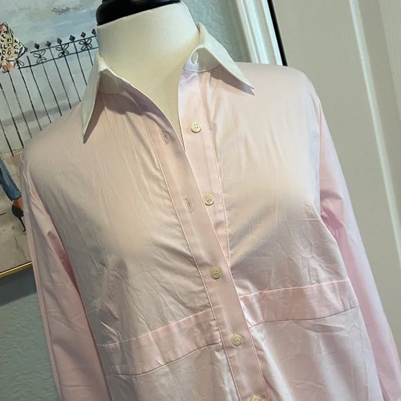 Rosie Pope Sz Medium Maternity Pink Button-Up Blouse w/White Collar & Cuffs NWT - Picture 2 of 12